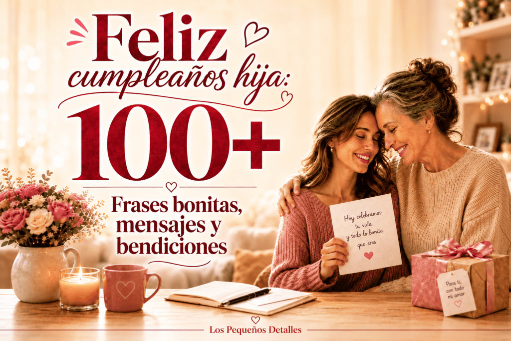 Imagen en tonos cálidos con una madre y su hija abrazadas y sonriendo junto a flores, una vela, una taza, una libreta y un regalo. En el diseño aparece el texto “Feliz cumpleaños hija: 100+ frases bonitas, mensajes y bendiciones”.