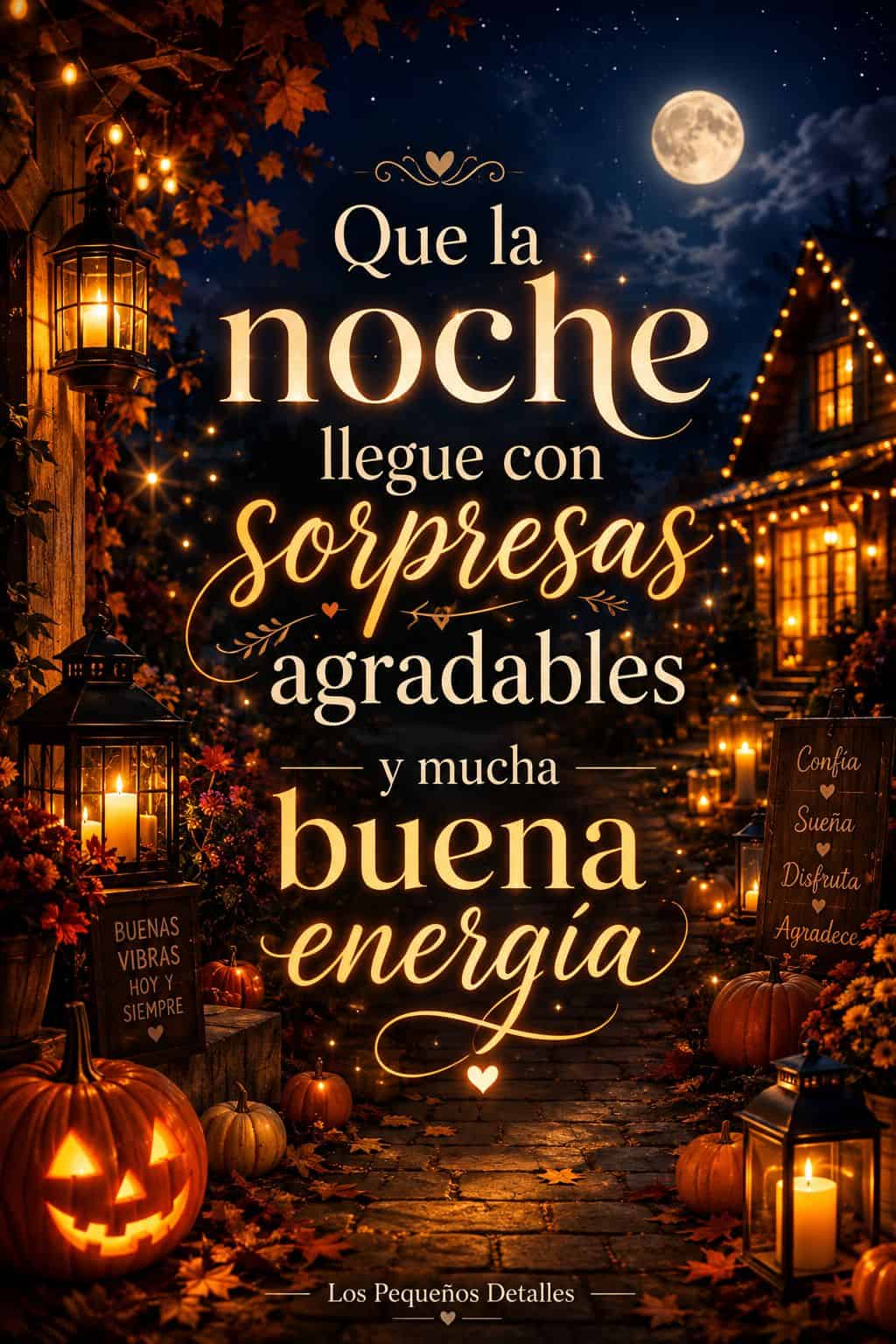 Camino nocturno decorado con faroles, calabazas y luces cálidas frente a una casa acogedora, bajo la luna llena, en una escena de Halloween serena y luminosa.