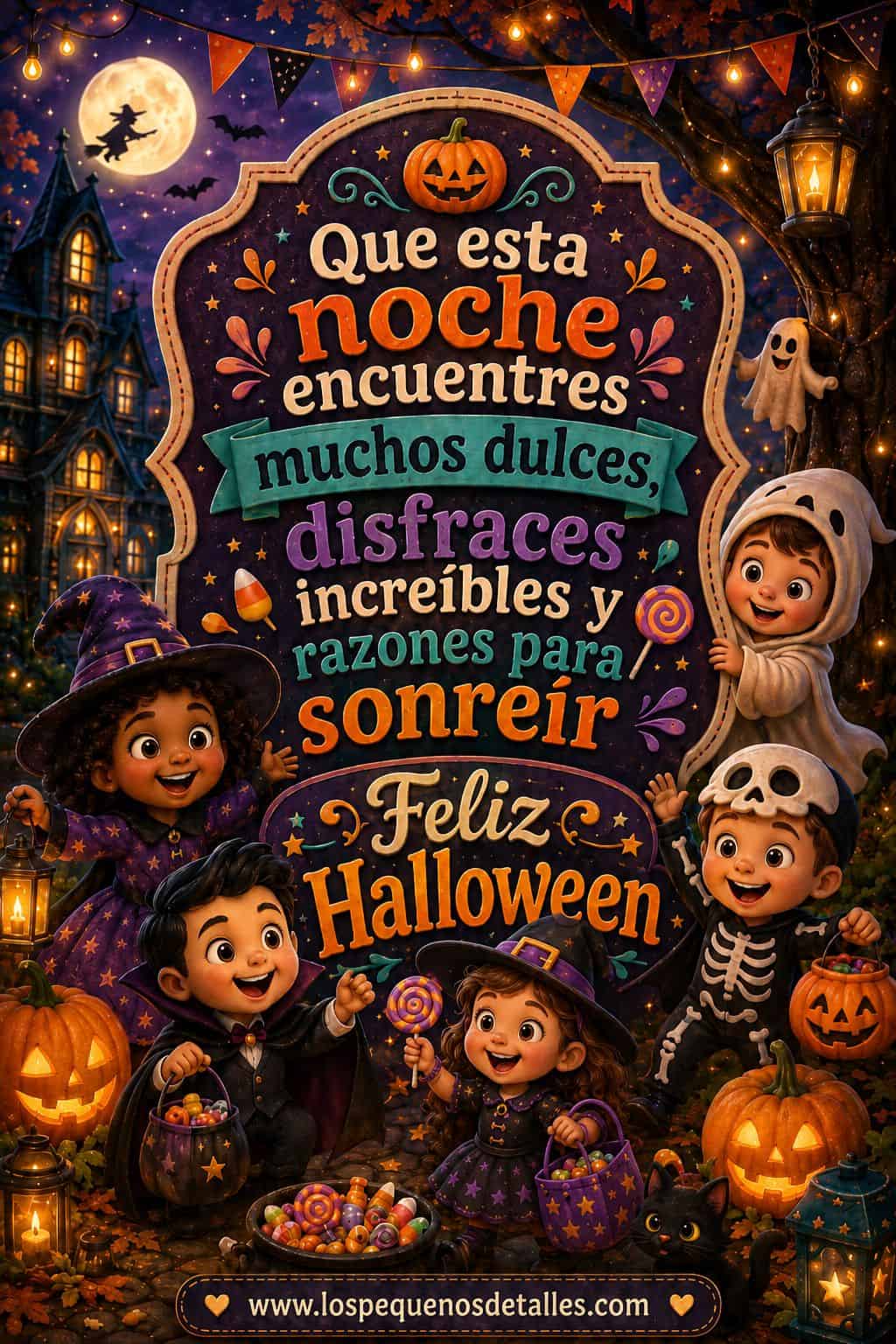 Grupo de niños y niñas disfrazados de Halloween (bruja, vampiro, esqueleto y fantasma) sonriendo con canastas de dulces, junto a calabazas talladas, un gato negro, faroles encendidos y una casa embrujada iluminada bajo la luna llena, con la frase "Que esta noche encuentres muchos dulces, disfraces increíbles y razones para sonreír. Feliz Halloween".