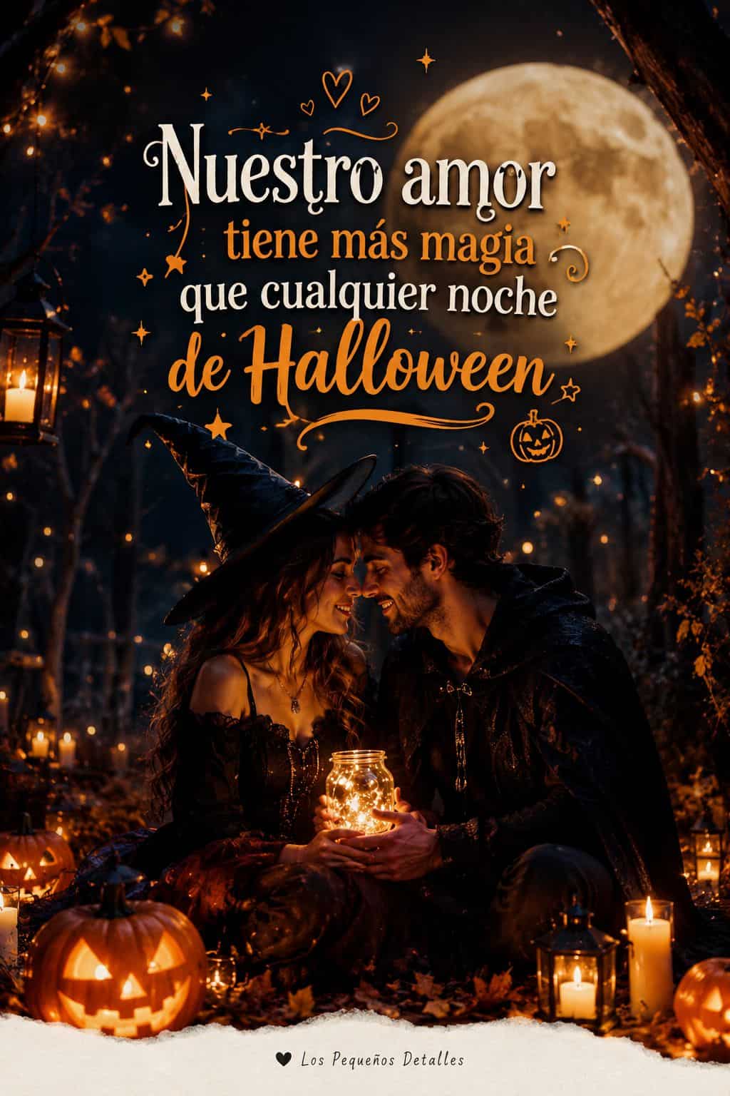 Pareja en un bosque iluminado por velas y calabazas durante la noche de Halloween, compartiendo un momento romántico bajo la luna llena en una escena cálida y mágica.
