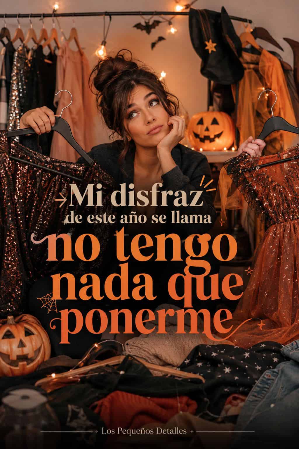 Mujer sentada entre ropa y disfraces de Halloween, sosteniendo dos opciones de vestuario con gesto indeciso, en una escena cálida con calabazas iluminadas y luces decorativas