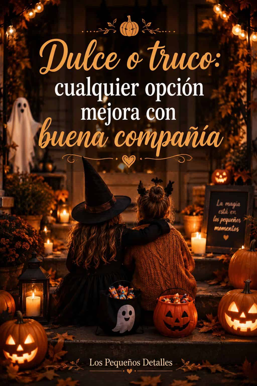 Dos amigas disfrazadas disfrutan juntas una noche de Halloween entre calabazas iluminadas, velas, dulces y luces cálidas en un ambiente acogedor.