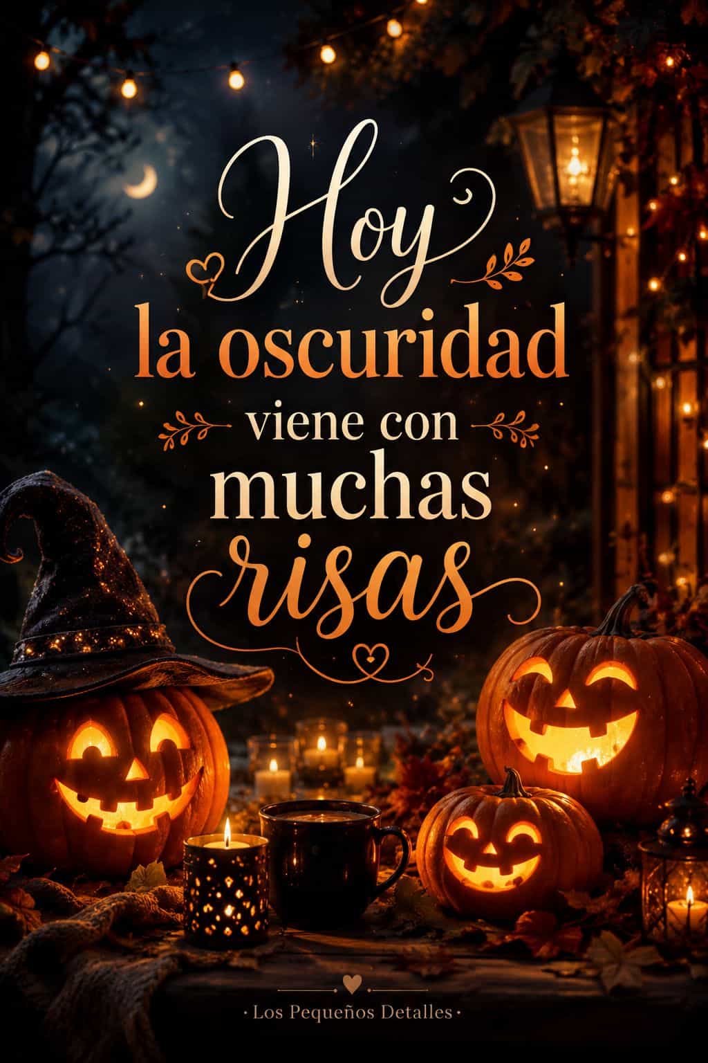 Calabazas de Halloween iluminadas junto a velas y una taza, en una escena nocturna cálida con luces naranjas y ambiente acogedor