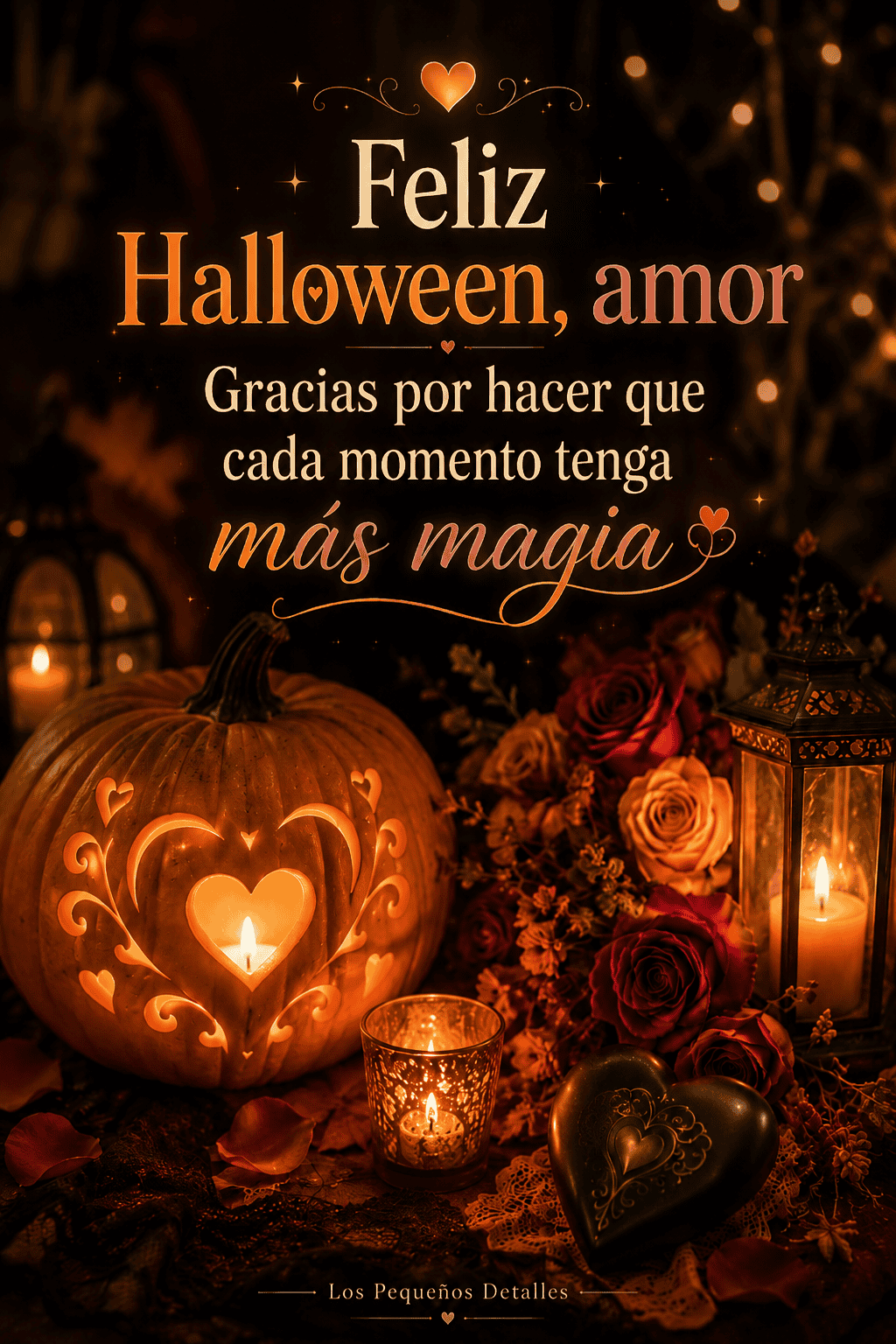 asme un texto alternativo  Calabaza iluminada con un corazón, velas y rosas en una escena romántica de Halloween, acompañada del mensaje «Feliz Halloween, amor. Gracias por hacer que cada momento tenga más magia