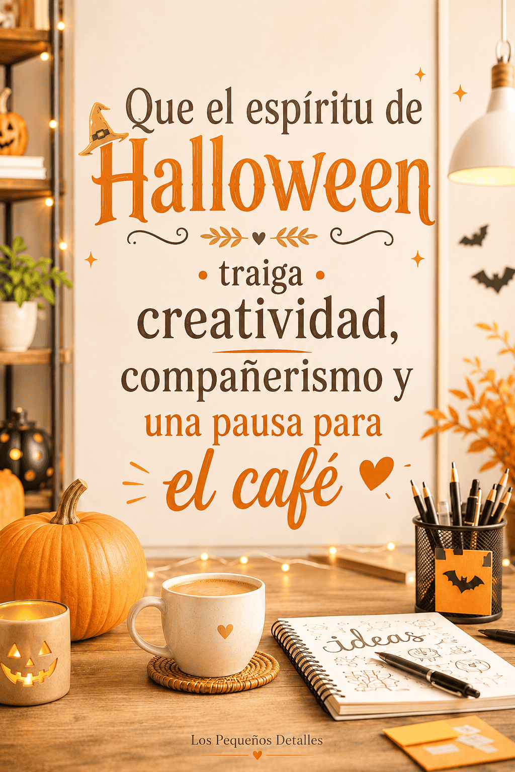 Espacio de trabajo decorado para Halloween con una calabaza, una taza de café, luces cálidas y material creativo, junto al mensaje sobre creatividad, compañerismo y una pausa para el café