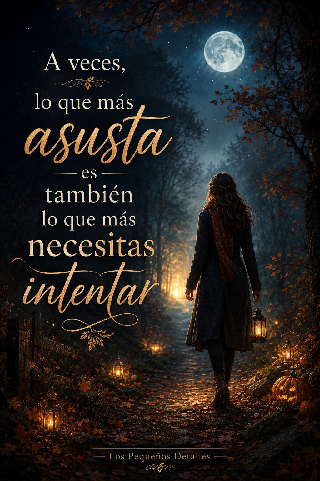 Mujer caminando por un sendero oscuro iluminado con faroles, bajo la luna llena, avanzando hacia una luz entre árboles y hojas de otoño.