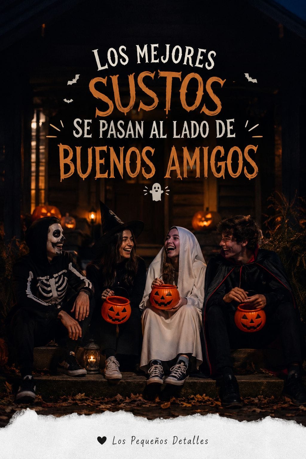 Cuatro amigos disfrazados celebran Halloween entre risas, calabazas iluminadas y decoración nocturna en una escena cálida y festiva