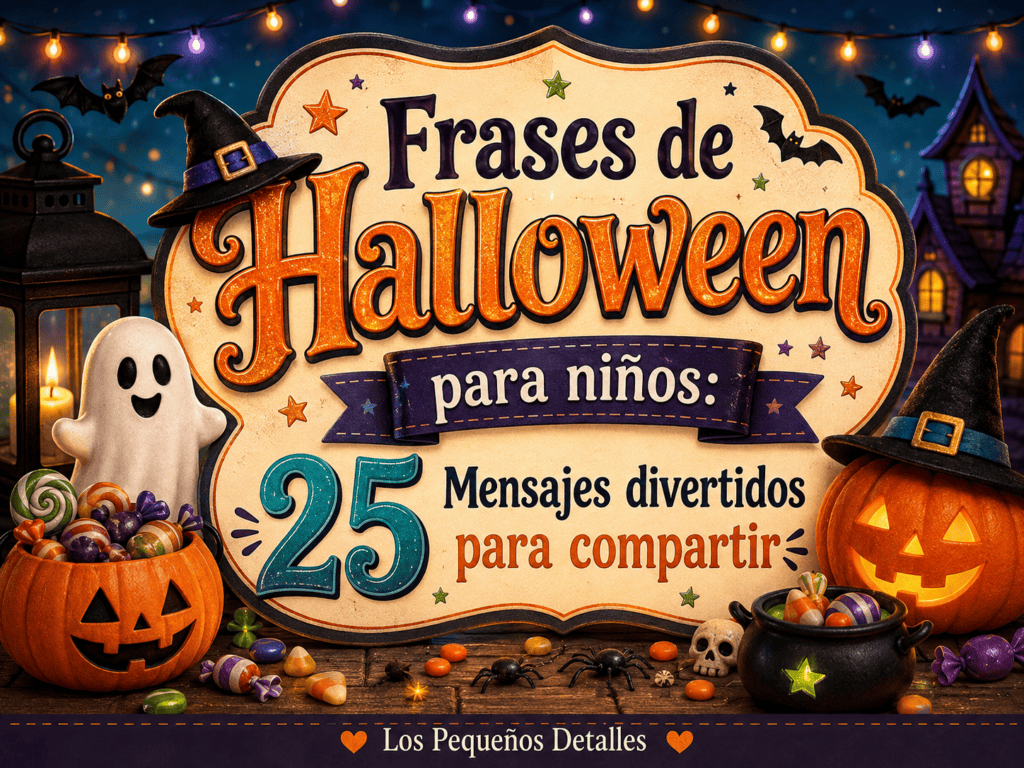 Ilustración de Halloween para niños con calabazas, fantasma, dulces, murciélagos y el texto “Frases de Halloween para niños: 25 mensajes divertidos para compartir”.
