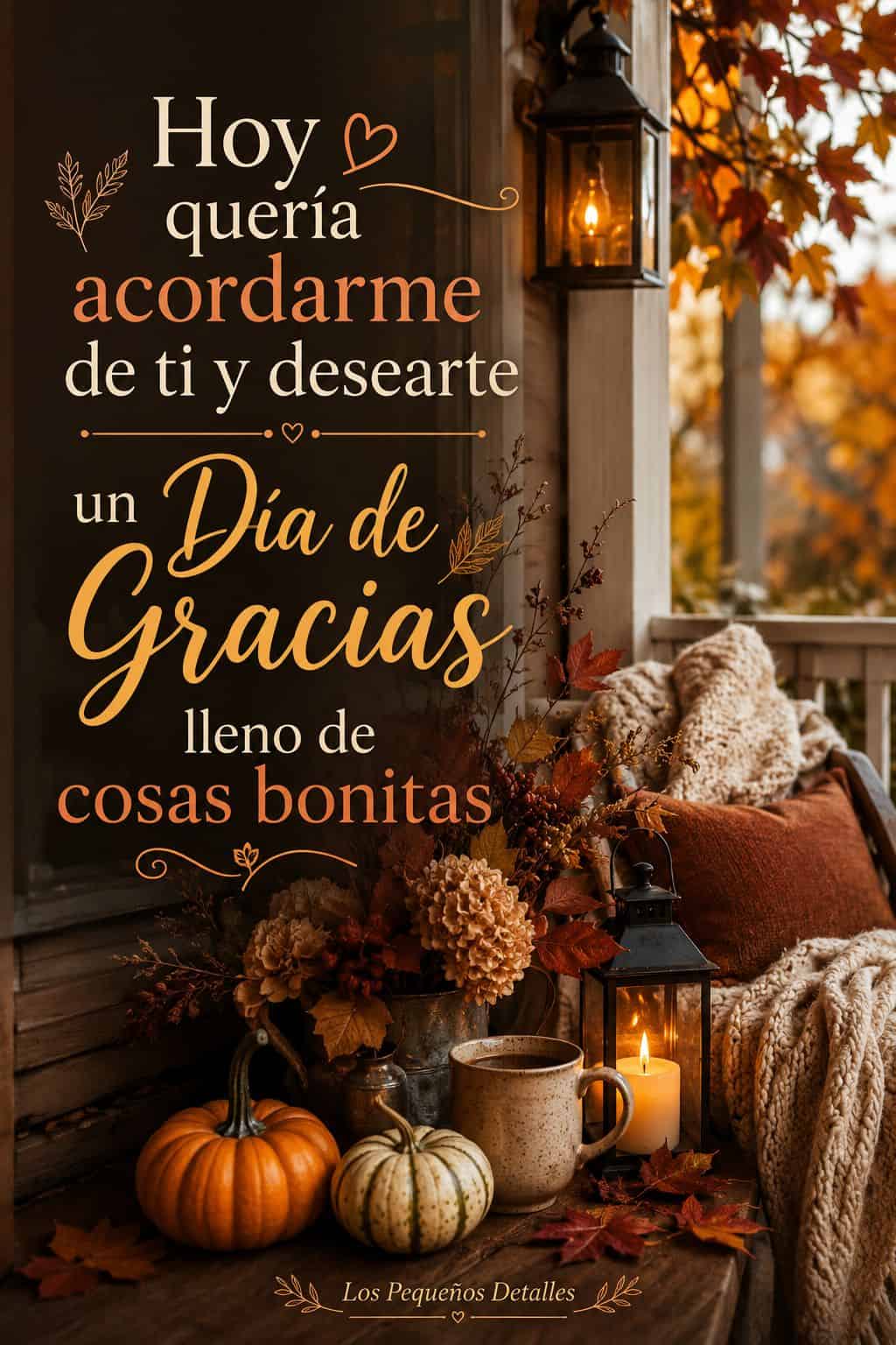 Pin vertical de Thanksgiving con una acogedora escena otoñal en un porche, decorada con calabazas, flores secas, mantas, una taza y faroles encendidos. Sobre la imagen aparece el mensaje: “Hoy quería acordarme de ti y desearte un Día de Gracias lleno de cosas bonitas