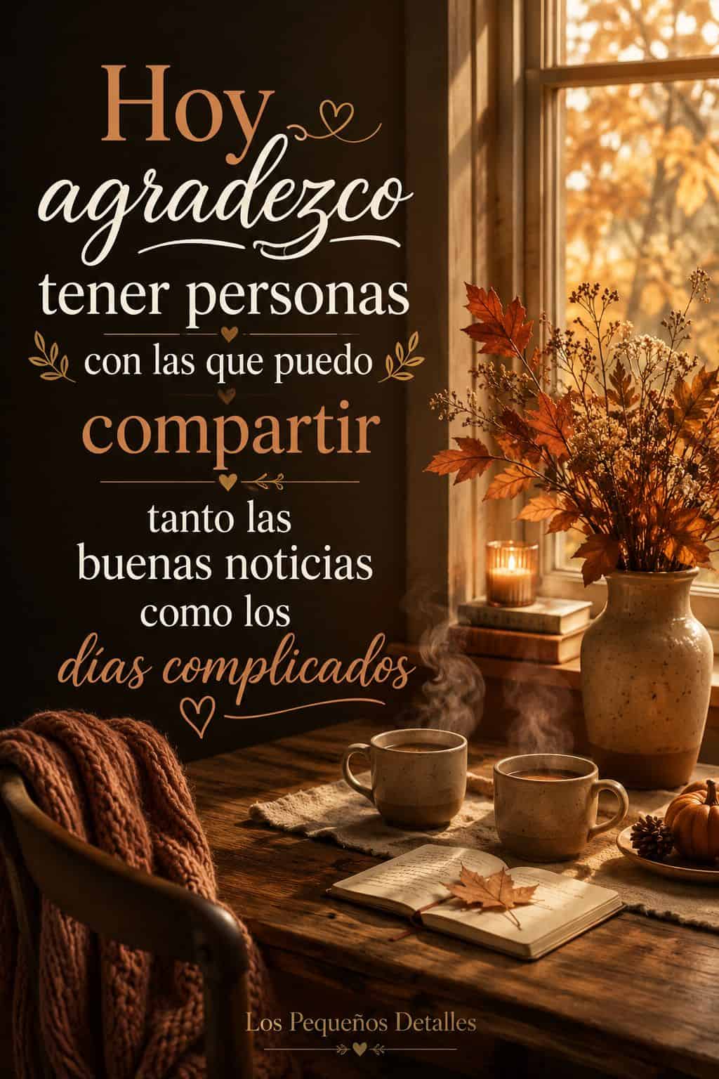 Pin vertical de otoño con una mesa junto a una ventana, dos tazas humeantes, flores secas, hojas otoñales y luz cálida. Sobre la imagen aparece la frase: “Hoy agradezco tener personas con las que puedo compartir tanto las buenas noticias como los días complicados