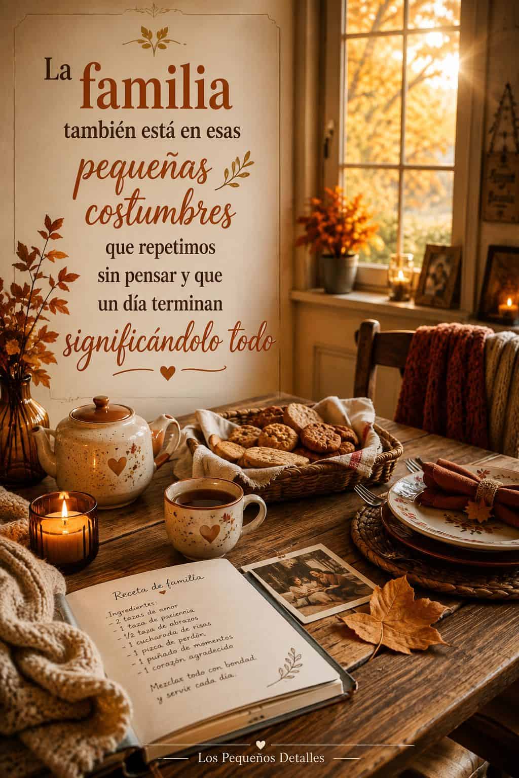 Pin vertical de Thanksgiving con una cálida mesa familiar de otoño, decorada con tetera, taza, galletas, velas, hojas y un cuaderno de recuerdos. Sobre la imagen aparece la frase: “La familia también está en esas pequeñas costumbres que repetimos sin pensar y que un día terminan significándolo todo”