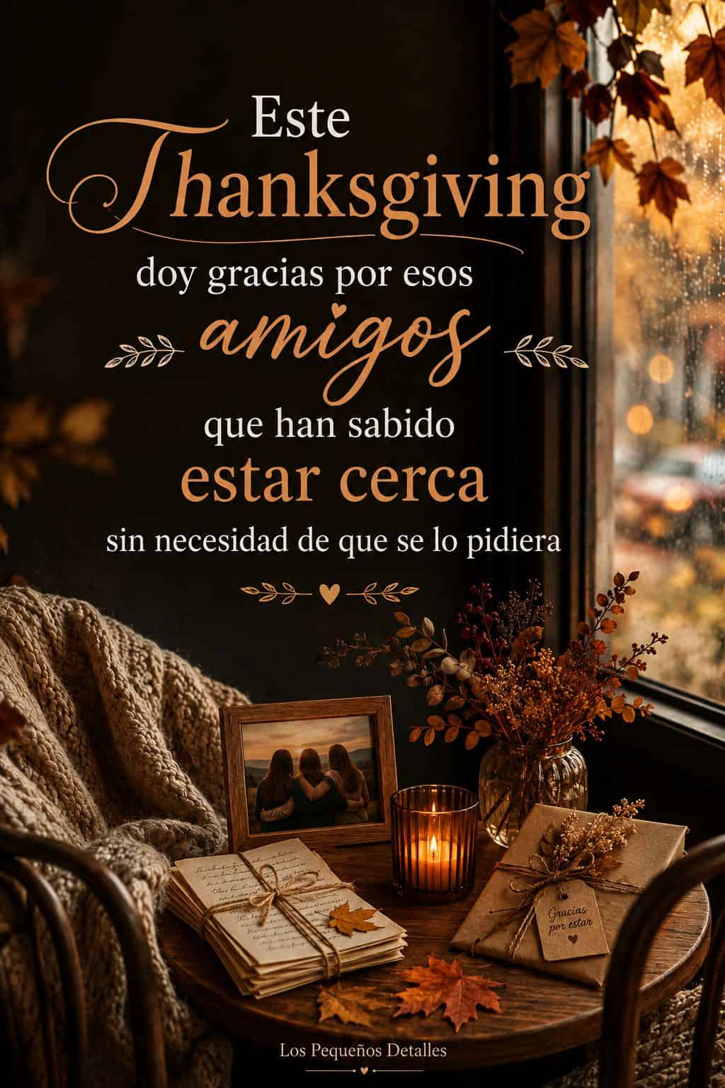 Pin vertical de Thanksgiving con una escena otoñal junto a una ventana, cartas, una foto de amigos, flores secas, una vela y un pequeño regalo. Sobre la imagen aparece la frase: “Este Thanksgiving doy gracias por esos amigos que han sabido estar cerca sin necesidad de que se lo pidiera
