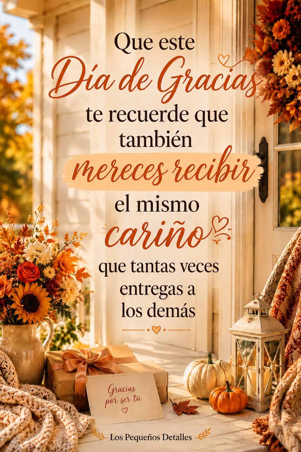 Pin vertical de Día de Acción de Gracias con una escena otoñal luminosa, flores, calabazas, un farol, una manta y un regalo. Sobre la imagen aparece la frase: “Que este Día de Gracias te recuerde que también mereces recibir el mismo cariño que tantas veces entregas a los demás