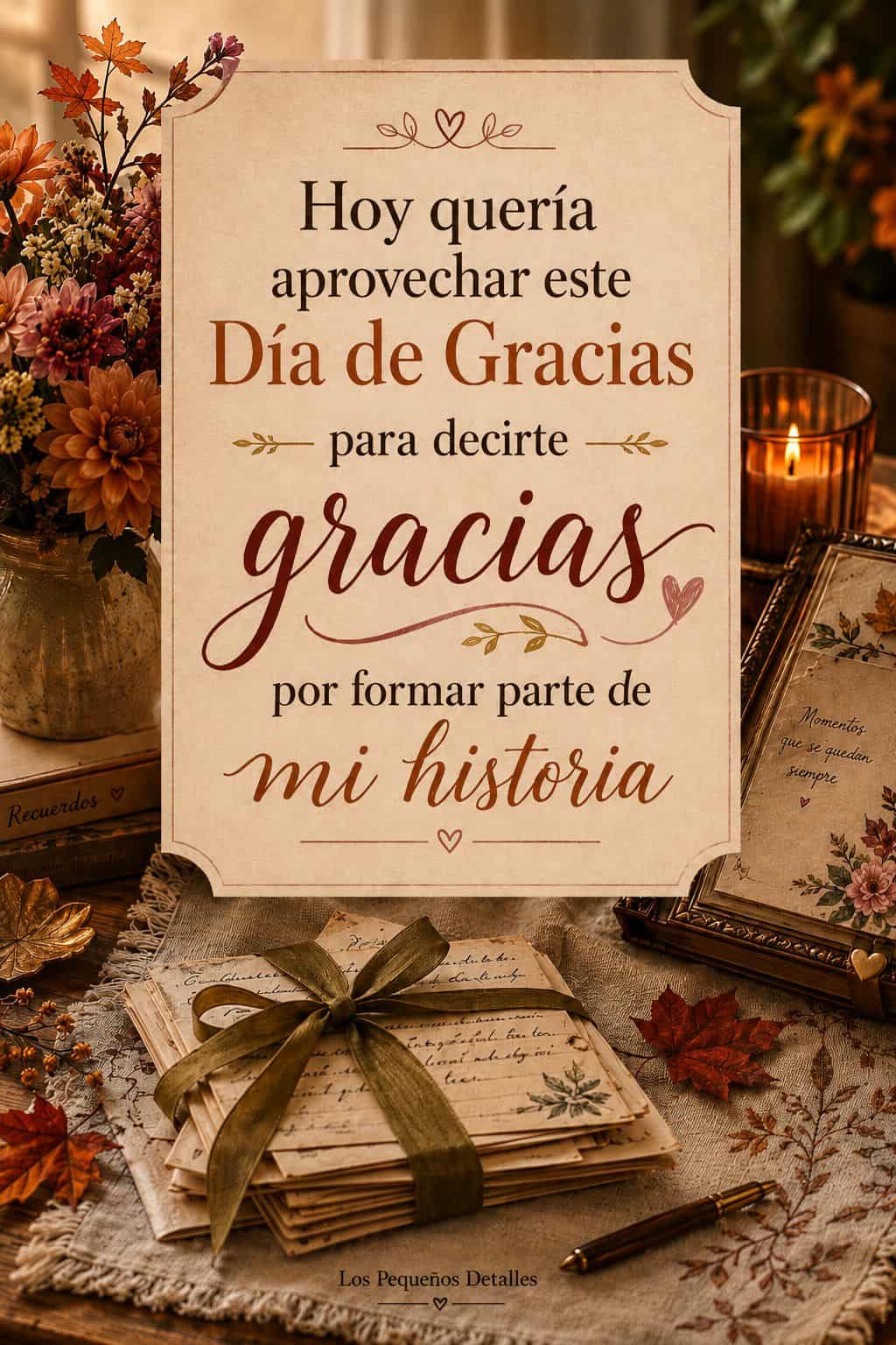 Pin vertical de Día de Acción de Gracias con cartas antiguas atadas con cinta, flores otoñales, una vela encendida y detalles de recuerdos. Sobre la imagen aparece la frase: “Hoy quería aprovechar este Día de Gracias para decirte gracias por formar parte de mi historia