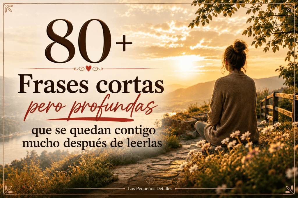 Mujer sentada de espaldas en un mirador al atardecer, rodeada de flores y montañas iluminadas por una luz cálida. Sobre la imagen aparece el texto: “80+ Frases cortas pero profundas que se quedan contigo mucho después de leerlas”
