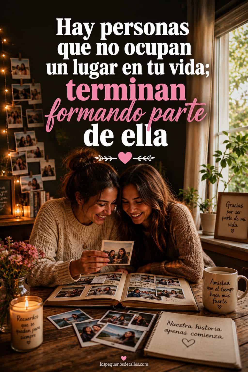 Dos amigas sonríen mientras miran juntas un álbum de fotos lleno de recuerdos, rodeadas de imágenes, notas y detalles cálidos. Sobre la imagen aparece la frase: “Hay personas que no ocupan un lugar en tu vida; terminan formando parte de ella”.