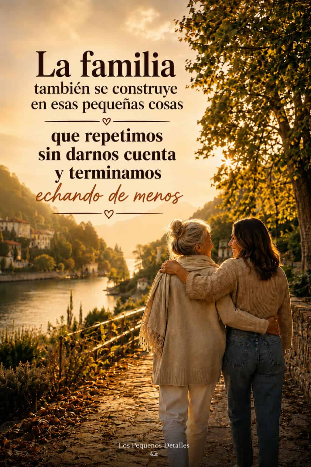Dos mujeres de distintas generaciones caminan abrazadas por un sendero junto a un lago al atardecer, rodeadas de árboles y luz dorada. Sobre la imagen aparece la frase: “La familia también se construye en esas pequeñas cosas que repetimos sin darnos cuenta y terminamos echando de menos”