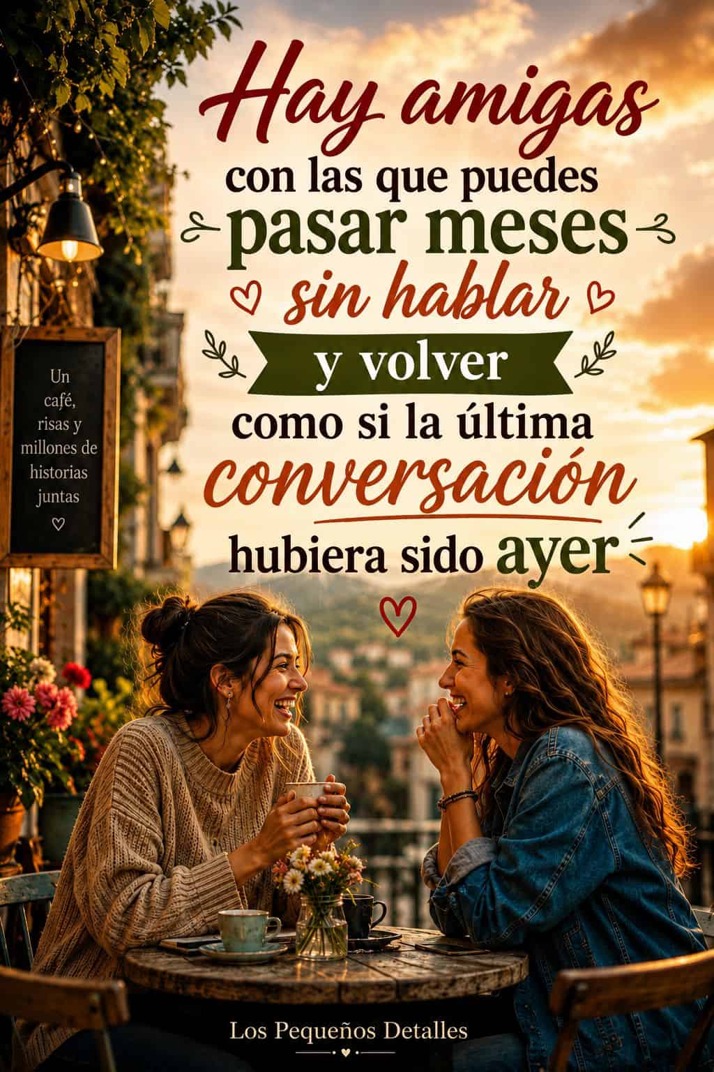 Dos amigas conversan y ríen juntas en una terraza al atardecer, compartiendo un café con un pueblo y montañas al fondo. Sobre la imagen aparece la frase: “Hay amigas con las que puedes pasar meses sin hablar y volver como si la última conversación hubiera sido ayer”.