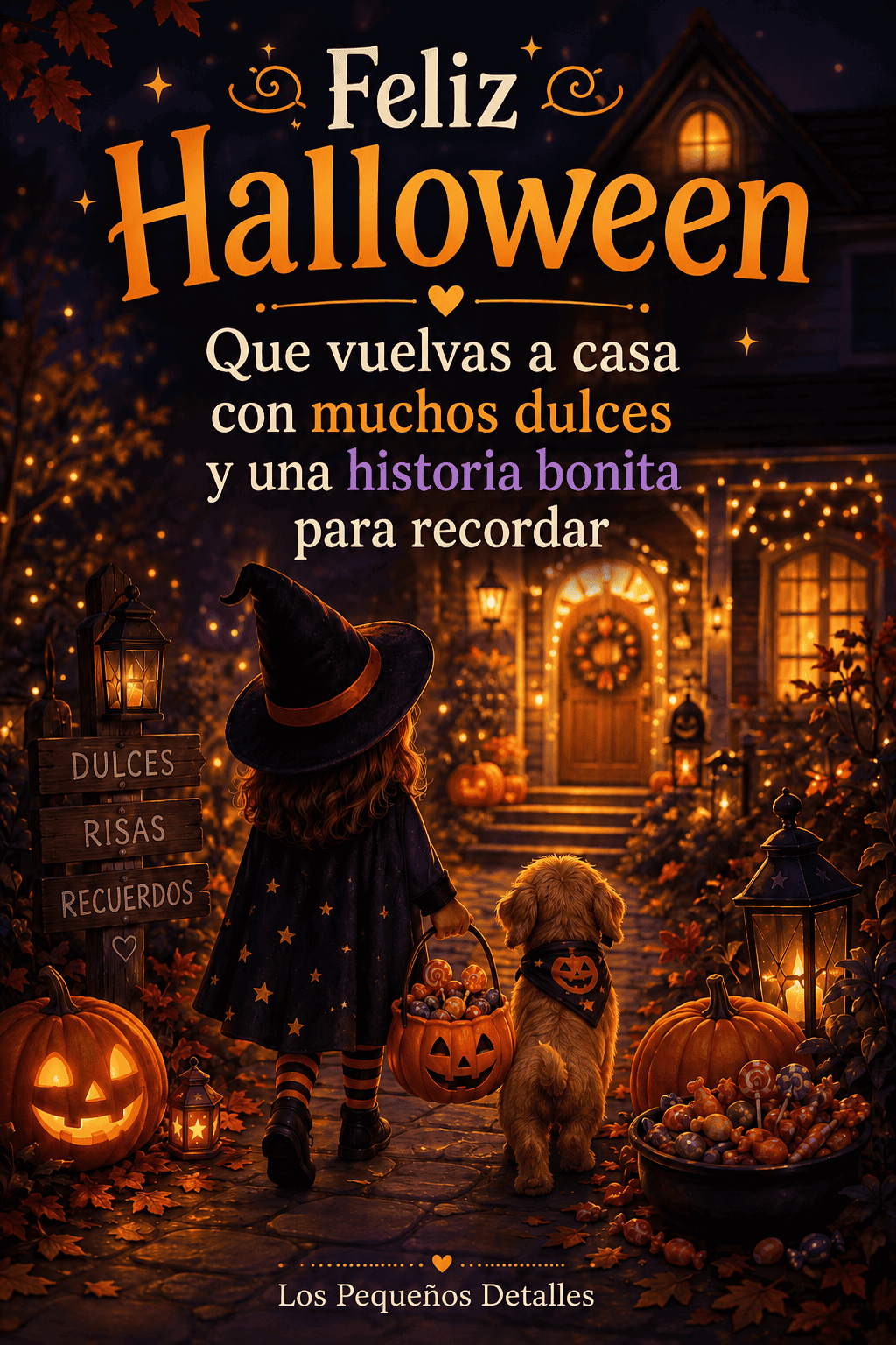 Niña disfrazada de bruja caminando con su perro hacia una casa iluminada, rodeada de calabazas, faroles y dulces, junto al mensaje de Feliz Halloween sobre volver a casa con buenos recuerdos