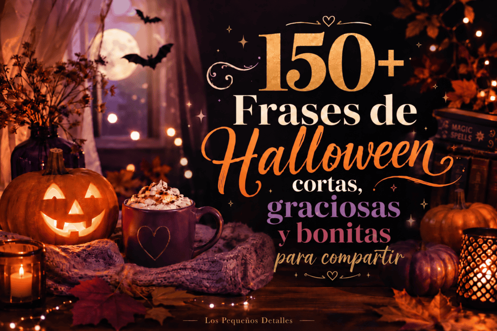 Imagen destacada de "150+ Frases de Halloween cortas, graciosas y bonitas para compartir", con una calabaza tallada iluminada, una taza con chocolate caliente y nata, velas encendidas, murciélagos, luna llena, hojas de otoño y decoración de brujería sobre una mesa de madera.
