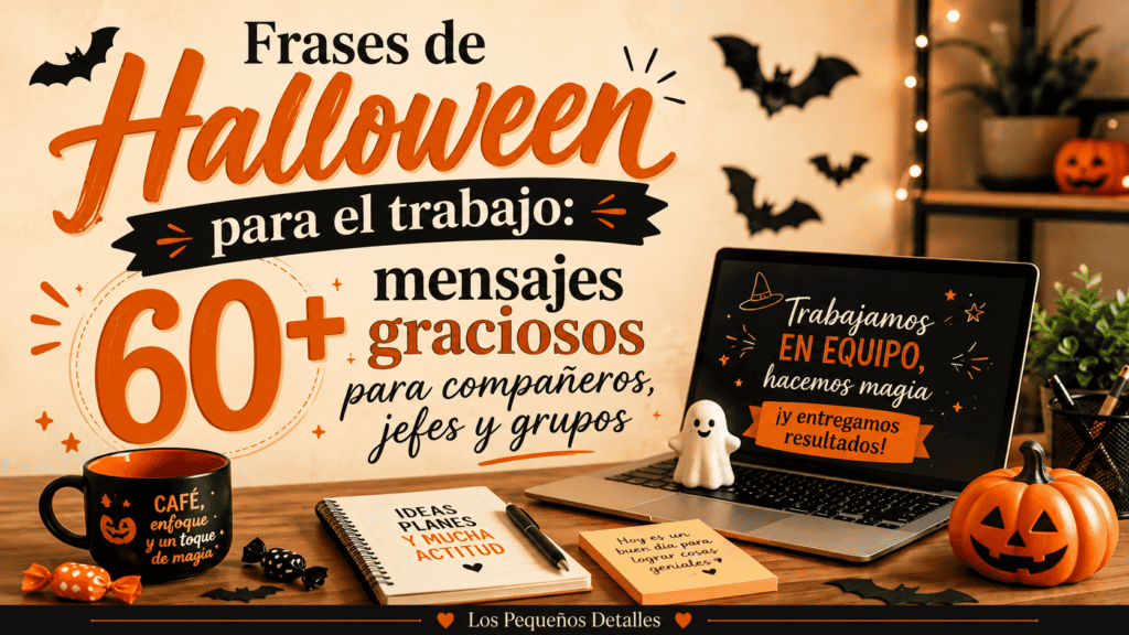 Escena de oficina cálida decorada para Halloween con portátil, taza, cuaderno, calabaza y murciélagos. El texto destaca “Frases de Halloween para el trabajo: 60+ mensajes graciosos para compañeros, jefes y grupos”.
