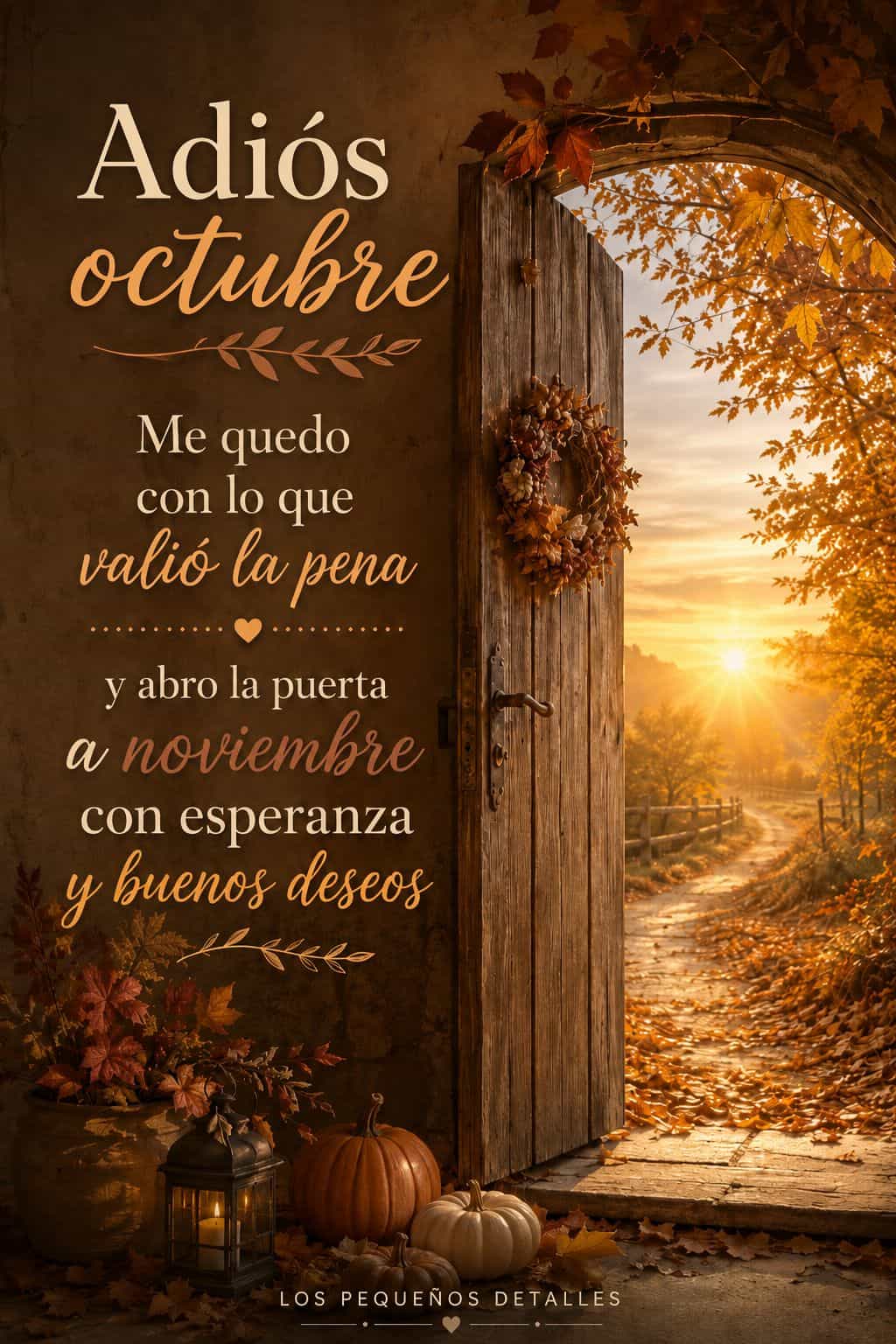 Imagen otoñal con una puerta de madera abierta hacia un paisaje iluminado por el sol y hojas en tonos naranjas. Incluye la frase “Adiós octubre. Me quedo con lo que valió la pena y abro la puerta a noviembre con esperanza y buenos deseos”.