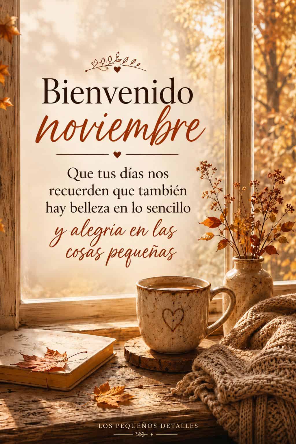 Imagen otoñal junto a una ventana iluminada por el sol, con una taza, un cuaderno, hojas secas y una manta de punto. Incluye la frase “Bienvenido noviembre. Que tus días nos recuerden que también hay belleza en lo sencillo y alegría en las cosas pequeñas
