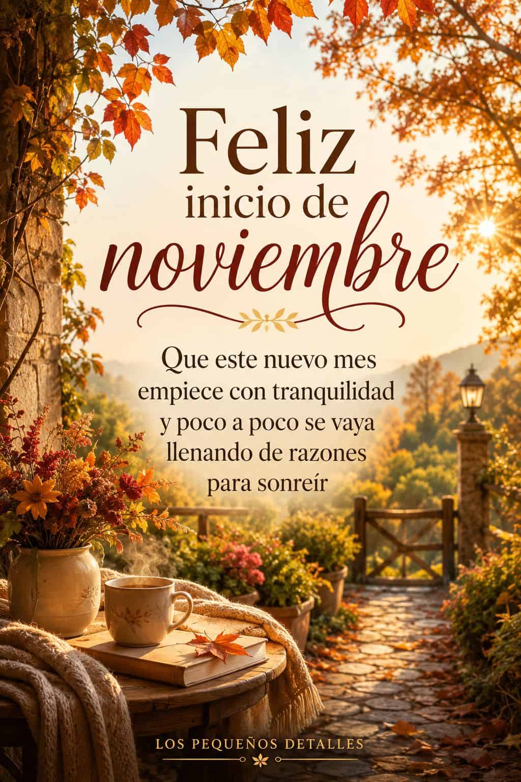Imagen otoñal con un sendero rodeado de árboles en tonos naranjas y dorados, iluminado por el sol, junto a una pequeña mesa con flores, una taza y una manta. Incluye la frase “Feliz inicio de noviembre. Que este nuevo mes empiece con tranquilidad y poco a poco se vaya llenando de razones para sonreír