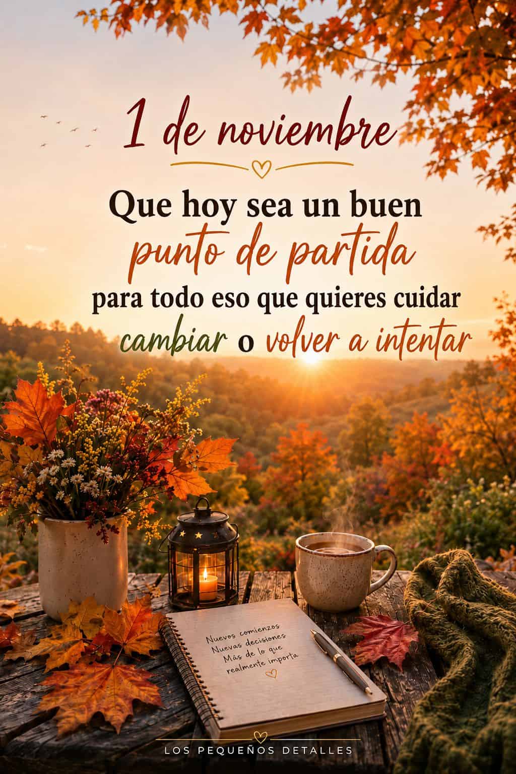 Imagen otoñal con un paisaje iluminado por el sol, hojas en tonos naranjas y rojos, flores, una taza, un farol y un cuaderno sobre una mesa de madera. Incluye la frase “1 de noviembre. Que hoy sea un buen punto de partida para todo eso que quieres cuidar, cambiar o volver a intentar