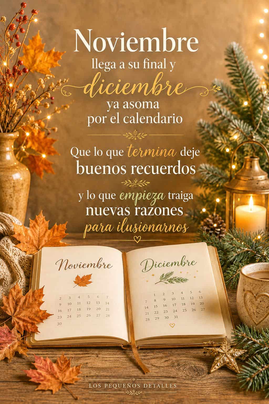 Imagen otoñal que representa la transición de noviembre a diciembre, con un calendario abierto en ambos meses, hojas secas, ramas verdes, luces cálidas y una vela encendida. Incluye la frase “Noviembre llega a su final y diciembre ya asoma por el calendario. Que lo que termina deje buenos recuerdos y lo que empieza traiga nuevas razones para ilusionarnos