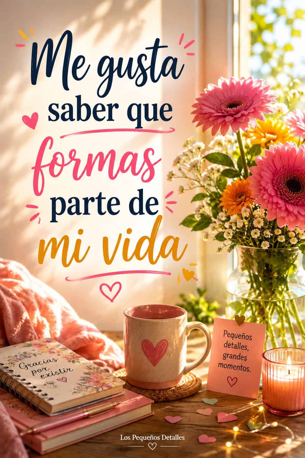 Pin vertical con la frase “Me gusta saber que formas parte de mi vida”, sobre una escena cálida y luminosa con flores rosas y naranjas, una taza, una libreta y pequeños detalles decorativos junto a una ventana.