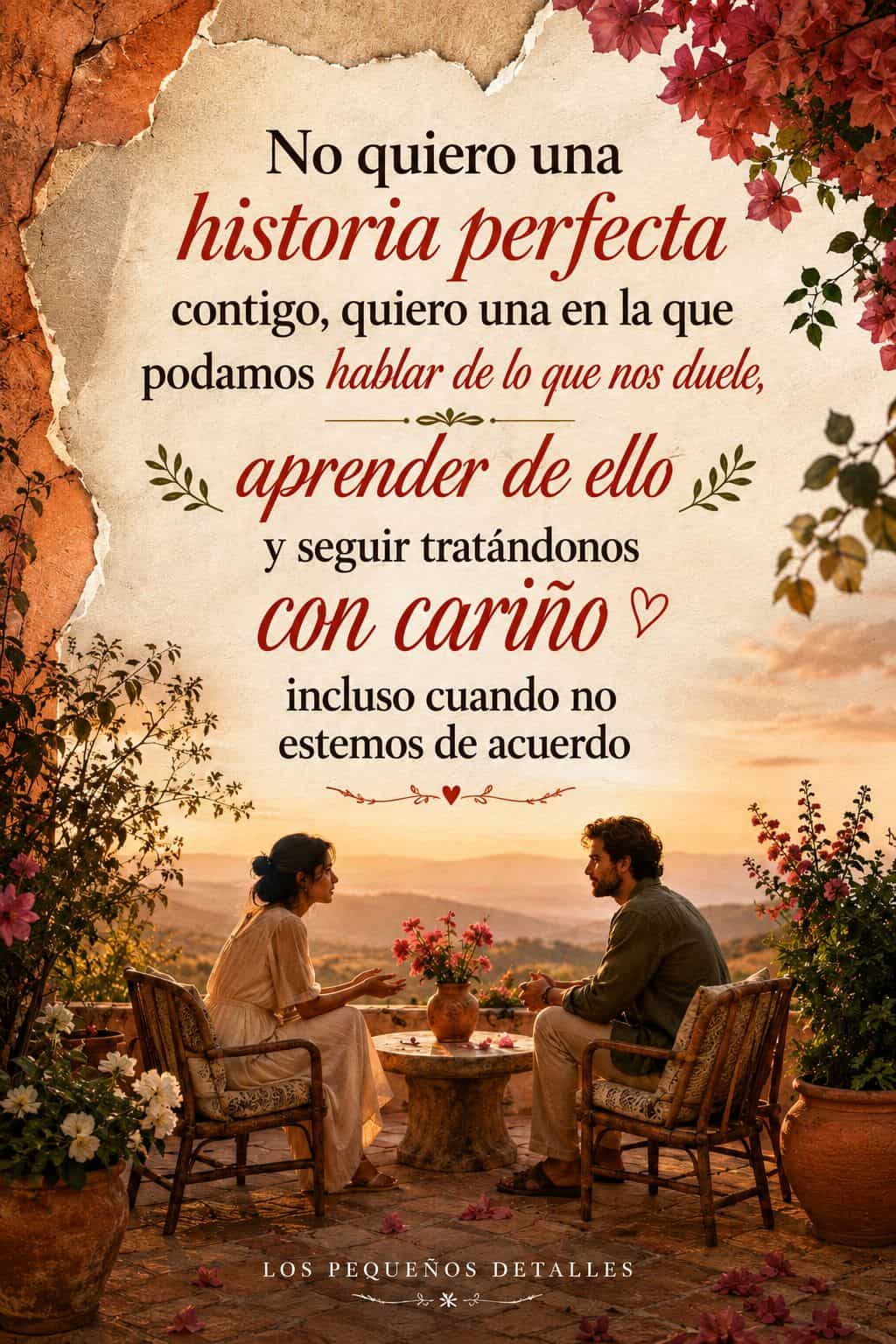 Pin vertical con la frase “No quiero una historia perfecta contigo, quiero una en la que podamos hablar de lo que nos duele, aprender de ello y seguir tratándonos con cariño incluso cuando no estemos de acuerdo”, sobre una terraza al atardecer donde una pareja conversa frente a frente rodeada de flores.