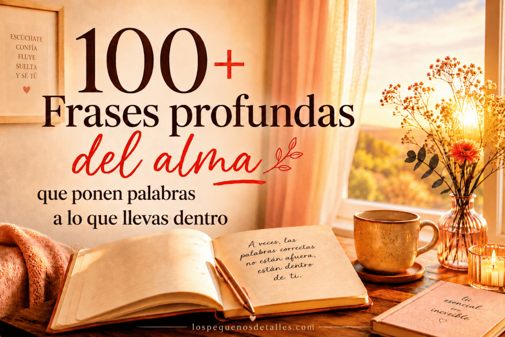 Imagen horizontal con el texto “100+ Frases profundas del alma que ponen palabras a lo que llevas dentro” sobre un rincón cálido y luminoso junto a una ventana, con cuaderno abierto, taza, flores y luz de atardecer.