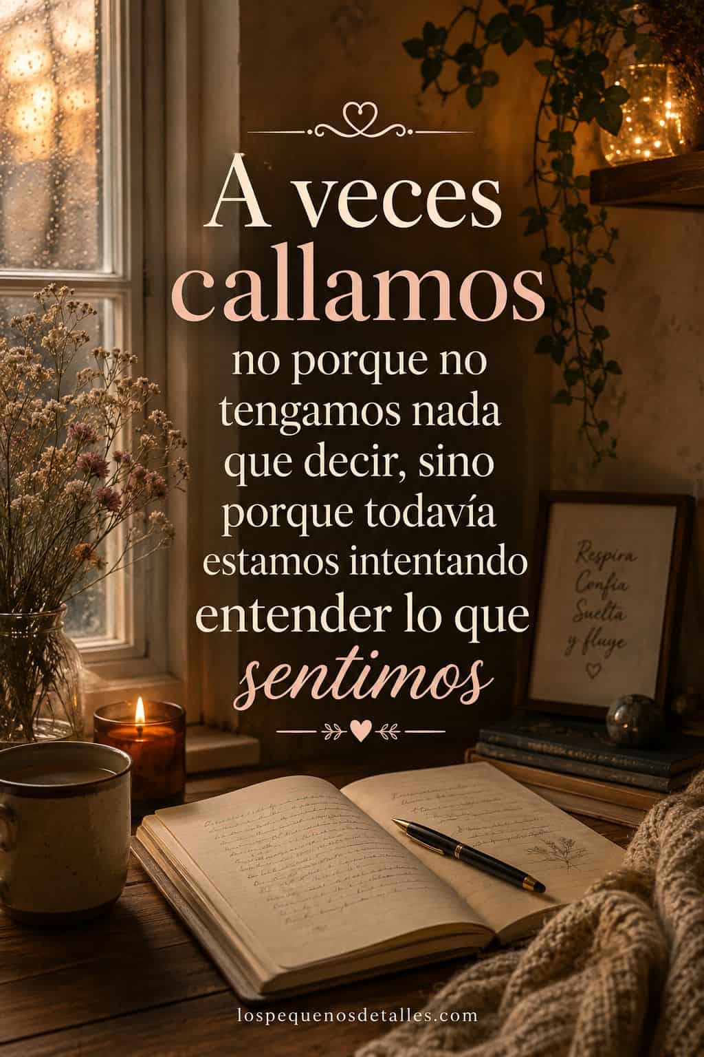 Imagen vertical con la frase “A veces callamos no porque no tengamos nada que decir, sino porque todavía estamos intentando entender lo que sentimos”, sobre un rincón cálido junto a una ventana con lluvia, flores secas, una vela, una taza y un cuaderno abierto.