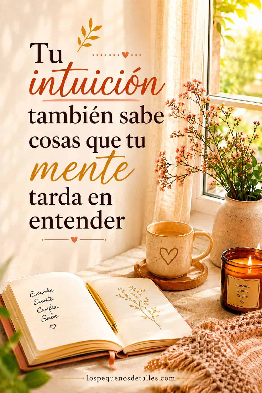 Imagen vertical con la frase “Tu intuición también sabe cosas que tu mente tarda en entender”, junto a una ventana luminosa con flores, una taza, una vela y un cuaderno abierto.
