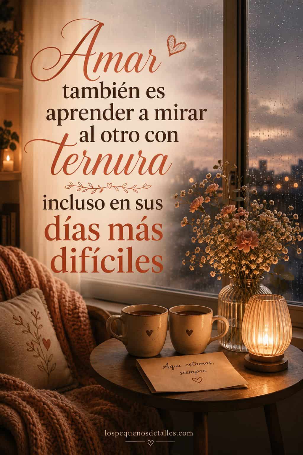 Imagen vertical con la frase “Amar también es aprender a mirar al otro con ternura incluso en sus días más difíciles”, sobre un rincón cálido junto a una ventana con lluvia, dos tazas, flores, una lámpara encendida y una nota sobre la mesa.