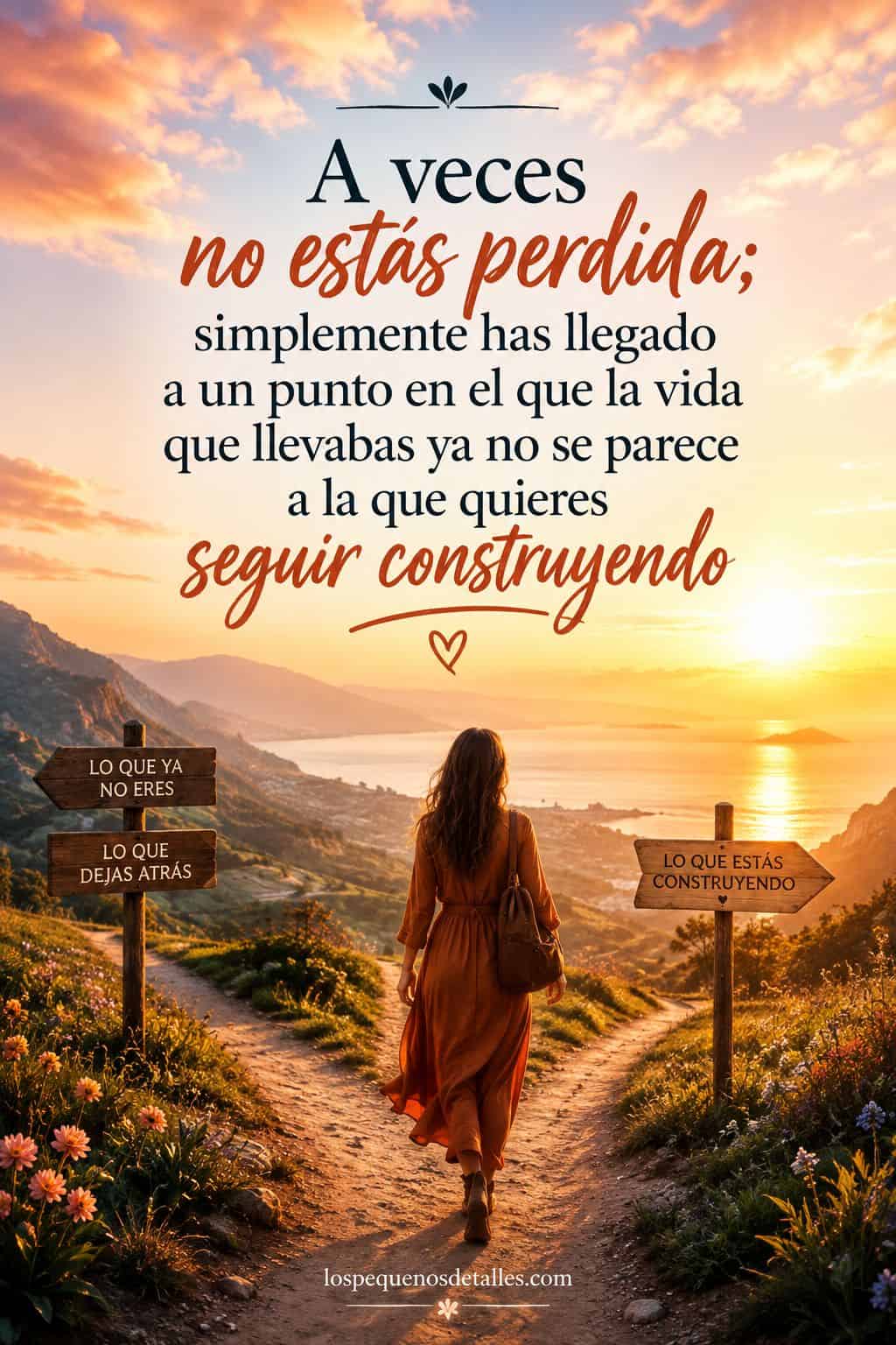Imagen vertical con la frase “A veces no estás perdida; simplemente has llegado a un punto en el que la vida que llevabas ya no se parece a la que quieres seguir construyendo”, sobre una mujer caminando hacia una bifurcación al atardecer, con señales que representan dejar atrás lo que ya no eres y avanzar hacia lo que estás construyendo.
