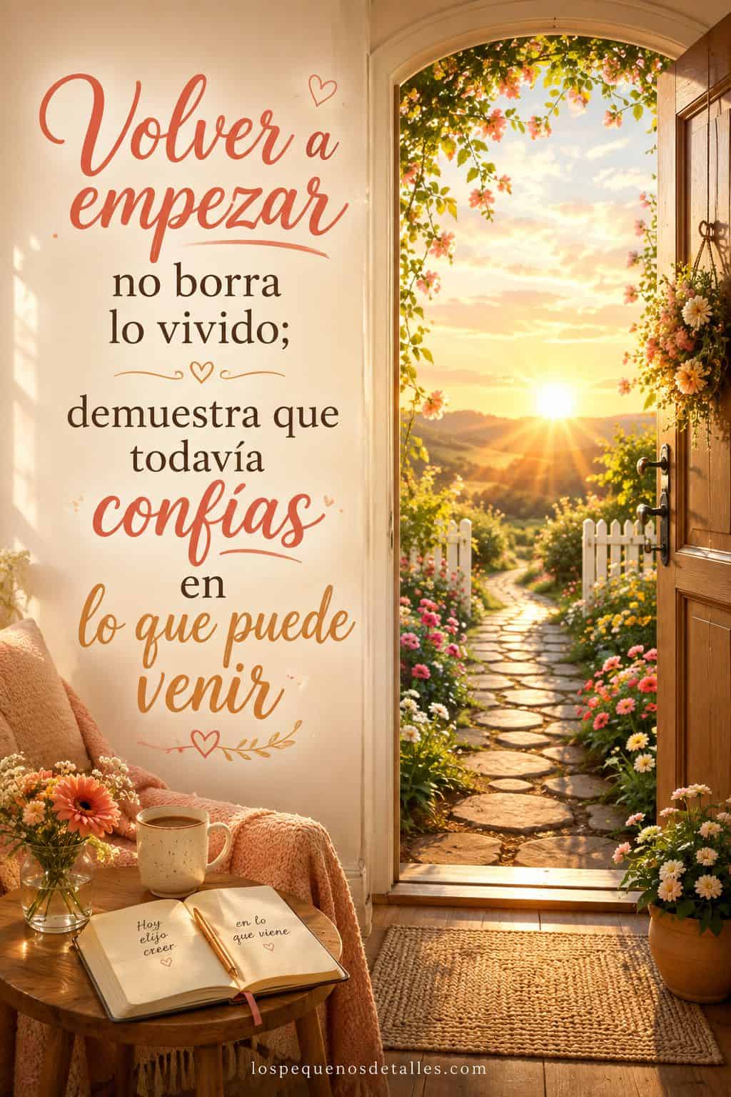 Imagen vertical con la frase “Volver a empezar no borra lo vivido; demuestra que todavía confías en lo que puede venir”, junto a una puerta abierta hacia un camino con flores y luz de amanecer, con cuaderno, taza y flores en primer plano