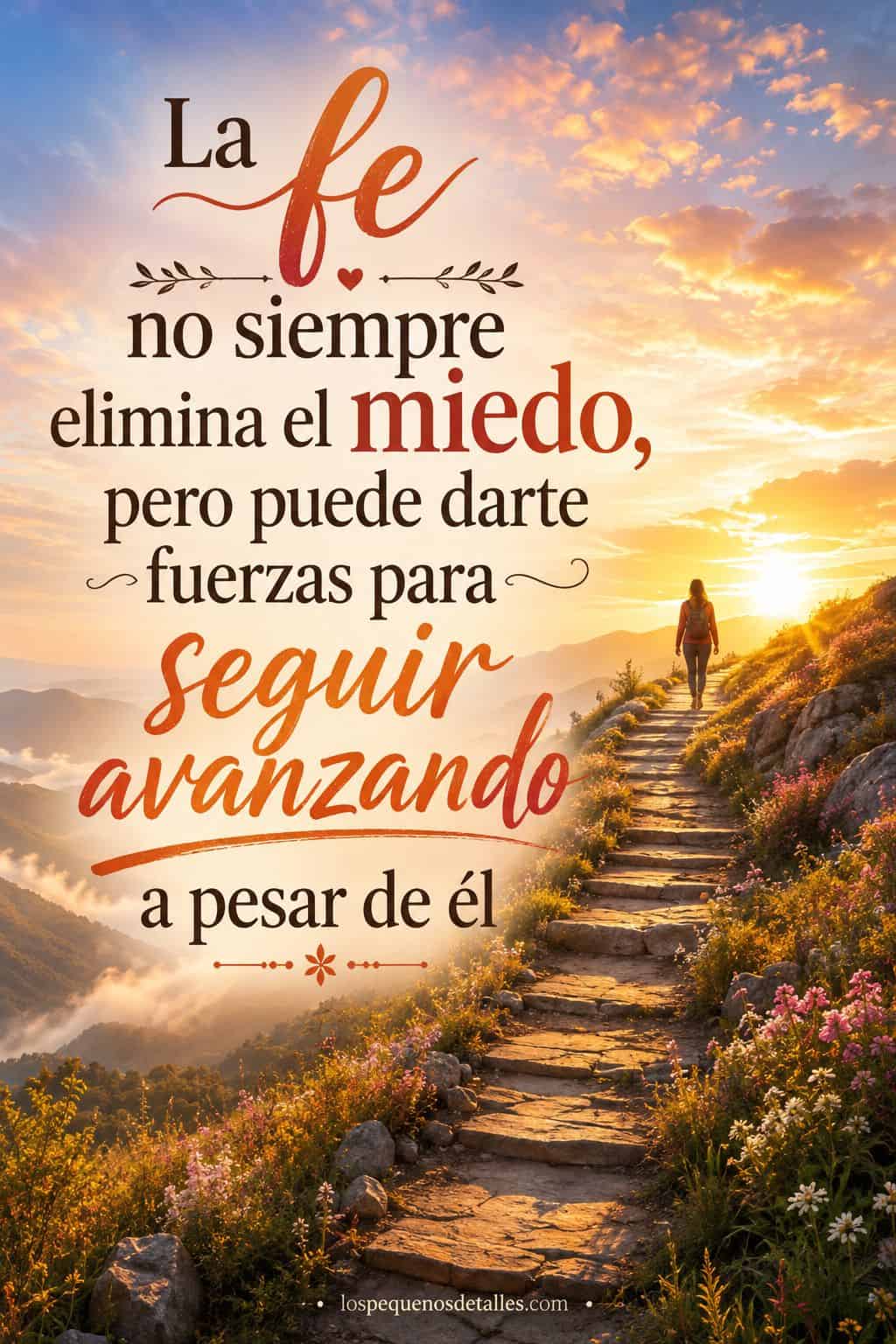 Imagen vertical con la frase “La fe no siempre elimina el miedo, pero puede darte fuerzas para seguir avanzando a pesar de él”, sobre un sendero de montaña iluminado por el amanecer, con una mujer caminando entre flores y un paisaje abierto al fondo.