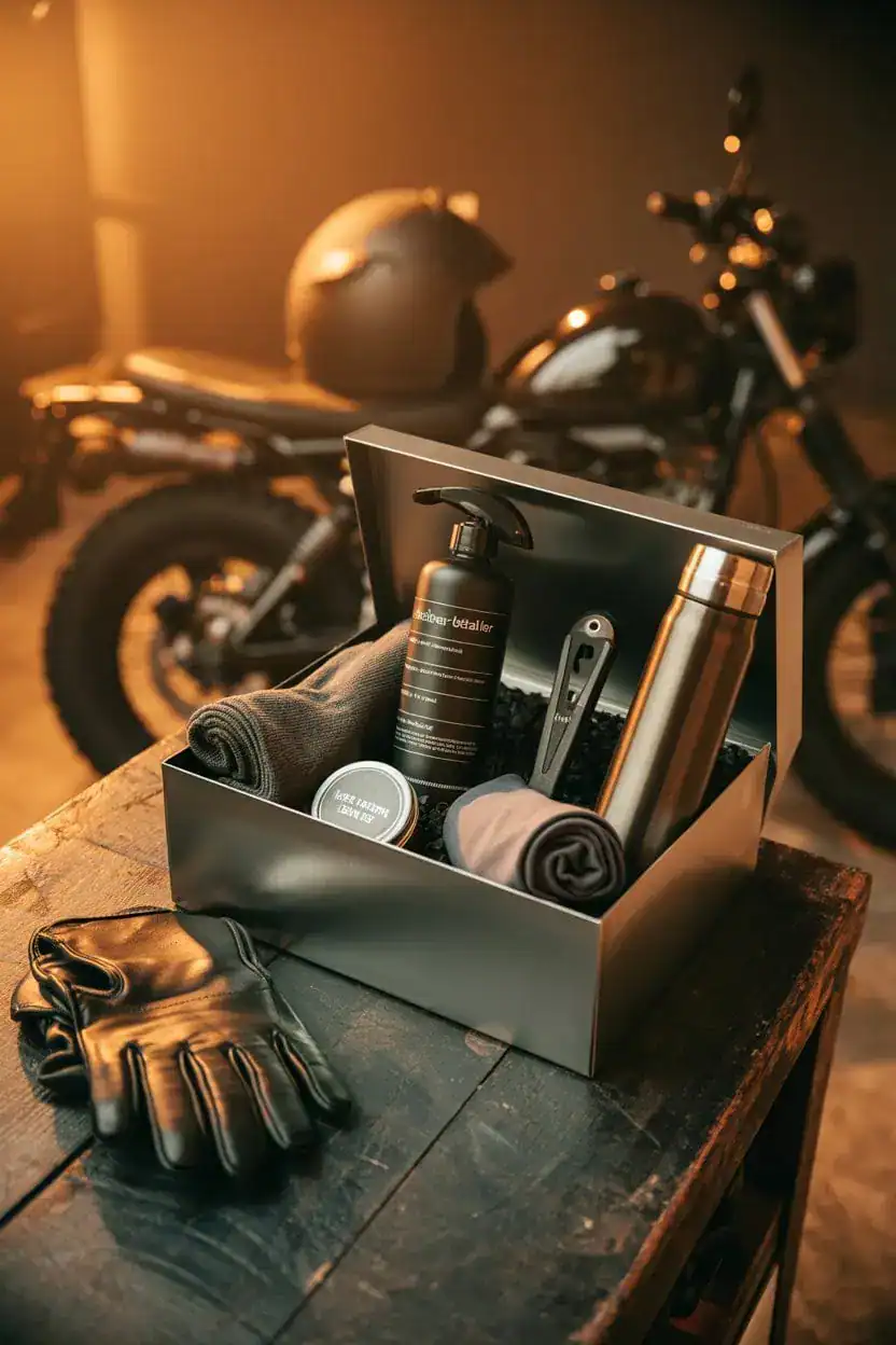 Caja de regalo para motociclista con productos de cuidado para la moto, paño de microfibra, multiherramienta, botella térmica y guantes, con una motocicleta al fondo.