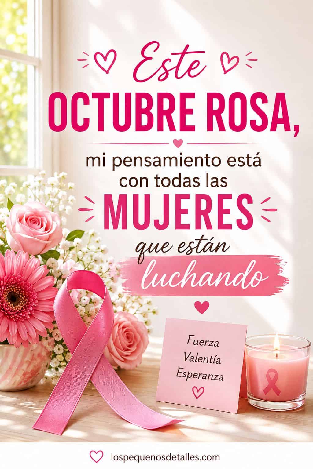 Imagen de Octubre Rosa con un lazo rosa, flores y una vela encendida junto al mensaje “Este Octubre Rosa, mi pensamiento está con todas las mujeres que están luchando”