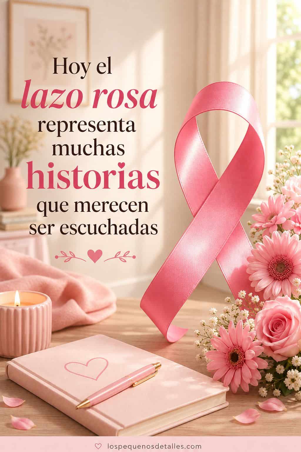 Imagen de Octubre Rosa con un gran lazo rosa, flores, una vela encendida y un cuaderno sobre una mesa, acompañada del mensaje “Hoy el lazo rosa representa muchas historias que merecen ser escuchadas”.