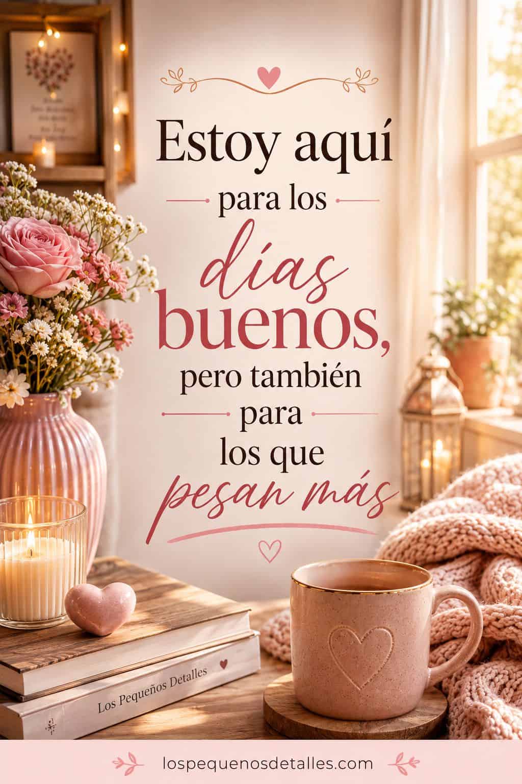 Rincón acogedor en tonos rosa y beige con flores, una vela encendida, libros, una taza y una manta, acompañado del mensaje “Estoy aquí para los días buenos, pero también para los que pesan más”.