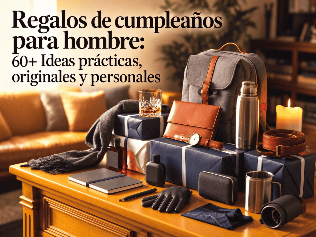Regalos de cumpleaños para hombre sobre una mesa, con mochila, billetera, reloj, termo y otros accesorios, junto al texto "Regalos de cumpleaños para hombre: 60+ Ideas prácticas, originales y personales".