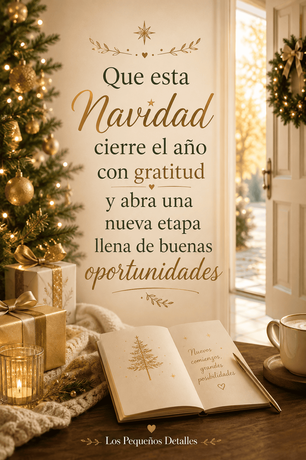 Escena navideña cálida con árbol decorado, regalos, vela, cuaderno abierto y una taza sobre una mesa, junto al mensaje “Que esta Navidad cierre el año con gratitud y abra una nueva etapa llena de buenas oportunidades