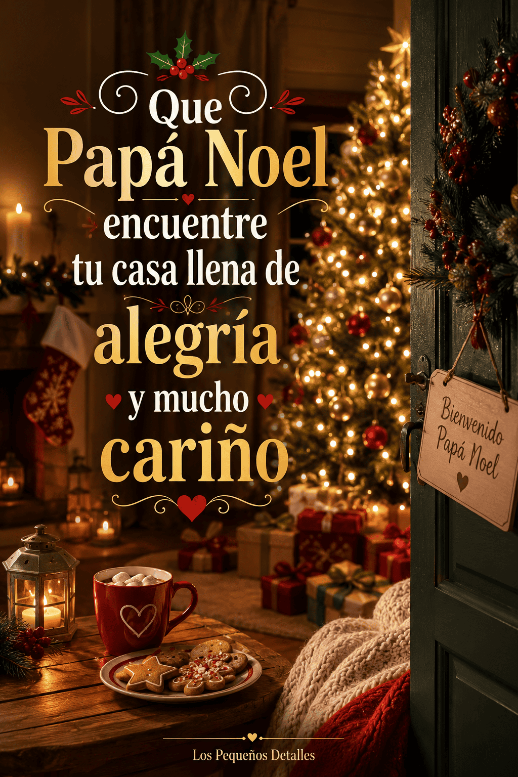 Entrada de casa decorada para Navidad con árbol iluminado, regalos, velas, galletas y una taza caliente, acompañada del mensaje “Que Papá Noel encuentre tu casa llena de alegría y mucho cariño