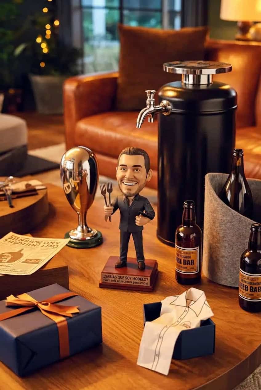 Regalos divertidos para hombre sobre una mesa, con figura personalizada, dispensador de cerveza, botellas, periódico y paquetes de regalo.