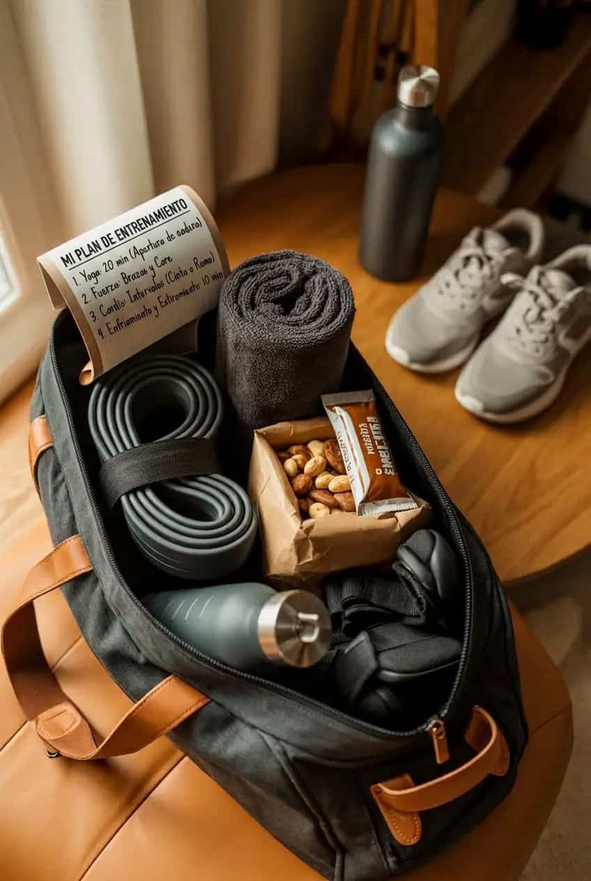 Bolsa de gimnasio con bandas de resistencia, toalla, botella reutilizable, guantes, snacks y un plan de entrenamiento, junto a unas zapatillas deportivas