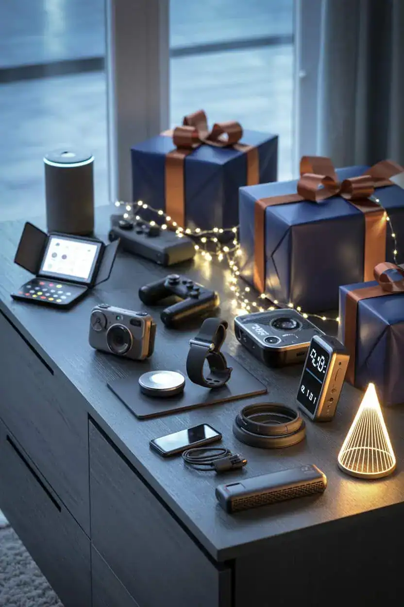 Gadgets tecnológicos para hombre sobre una mesa, con cámara, mando de videojuegos, reloj inteligente, altavoz, smartphone y paquetes de regalo.