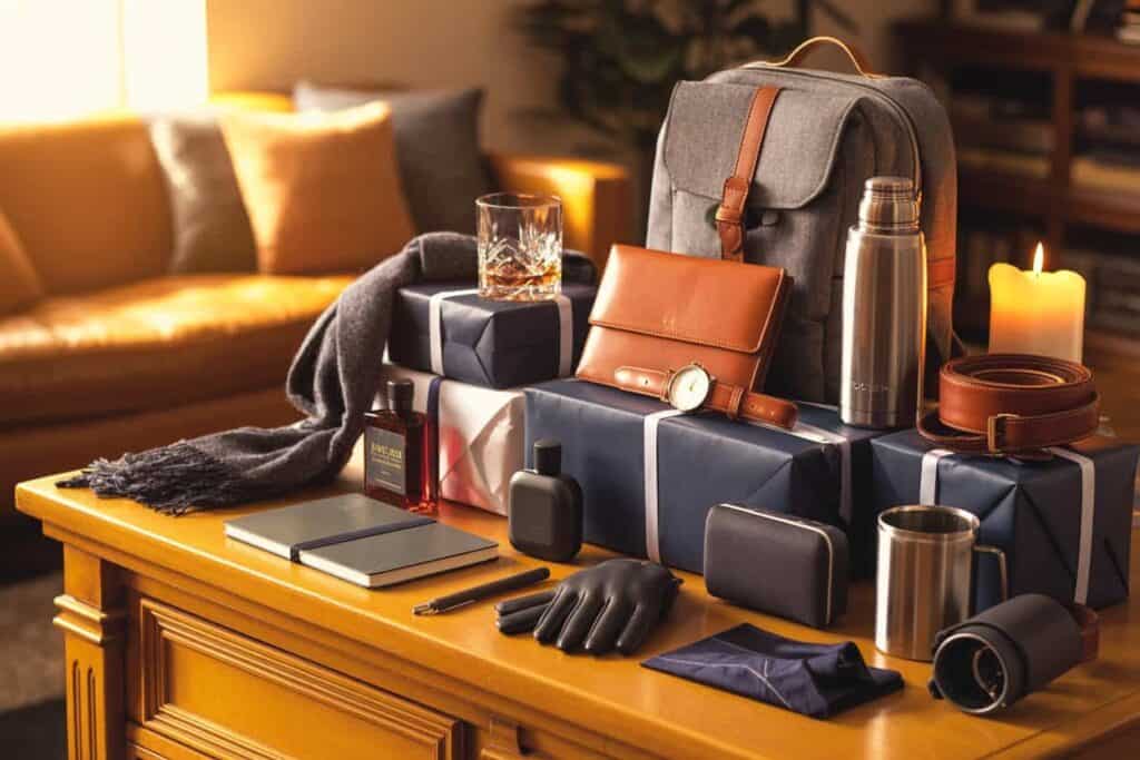 Selección de regalos de cumpleaños para hombre sobre una mesa de madera junto a un sofá, con una mochila gris, una cartera de cuero marrón, un cinturón marrón, un reloj, una bufanda gris, un frasco de perfume oscuro, un termo de acero inoxidable, una libreta con bolígrafo, un vaso de whisky, guantes de cuero negro, una taza térmica plateada, una camisa azul doblada, una vela encendida y varios regalos envueltos en papel azul y blanco.